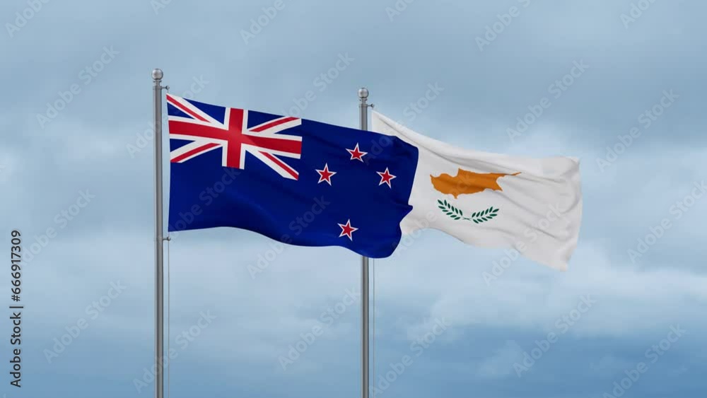 Cyprus flag and New Zealand flag waving together on cloudy sky, endless seamless loop, two country relations concept Cyprus flag and New Zealand flag waving together on cloudy sky, endless seamless loop, two country relations concept