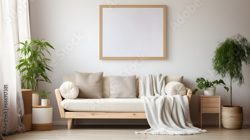 White sofa against window. Wooden wardrobe near wall with big poster frame. Scandinavian interior design of modern stylish living room © Samira