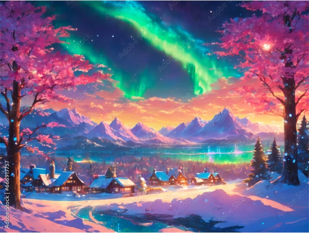 Snowman and Aurora Borealis Background 