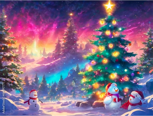 Snowman and Aurora Borealis Background  © Pattamawan
