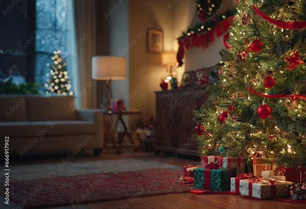 The background of the winter Christmas holiday with green fir branches and decorations, a Christmas tree and gifts in the interior.