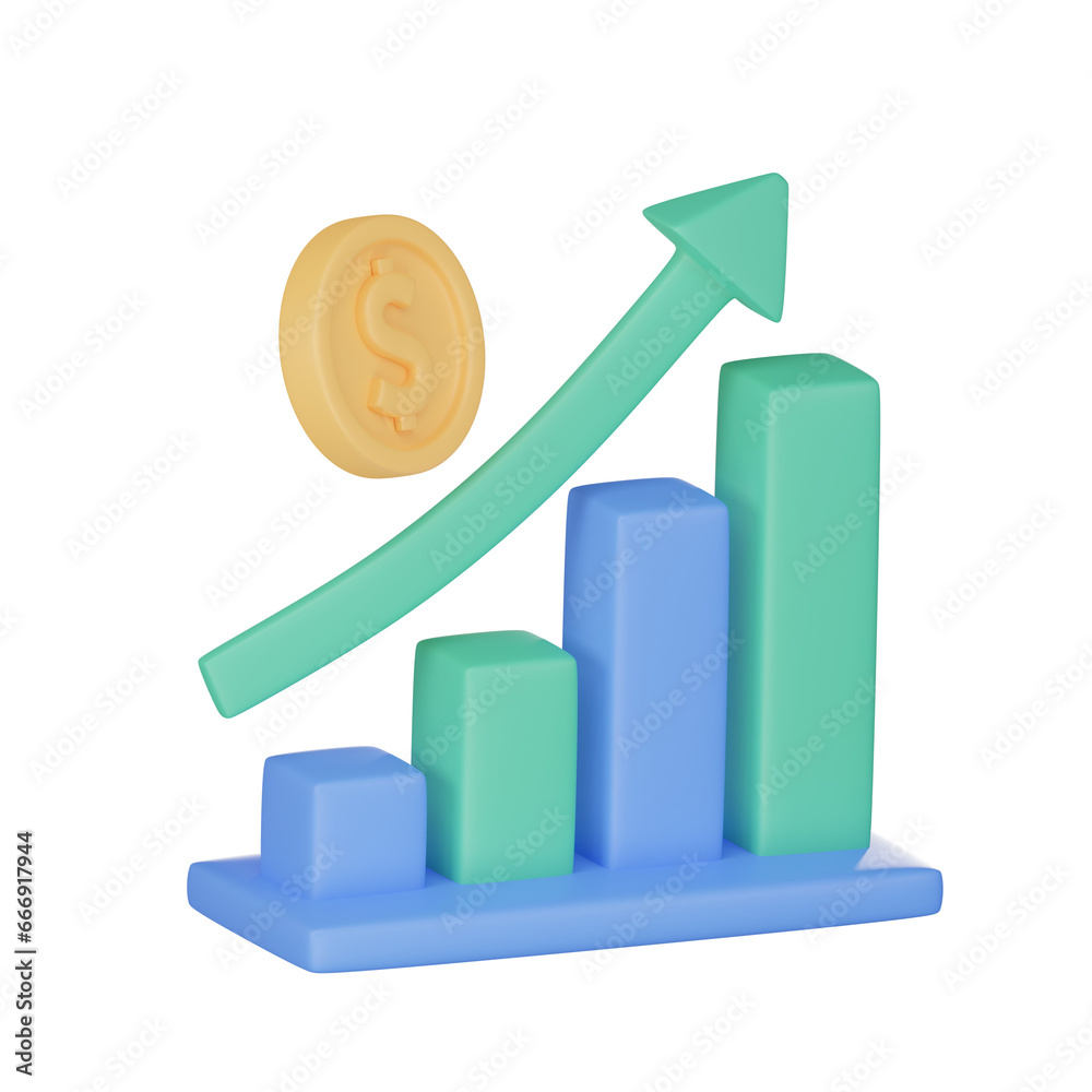 3D growth stock chart with coins investing icon, Uptrend stock market graph 3D growth stock chart with coins investing icon, Uptrend stock market graph