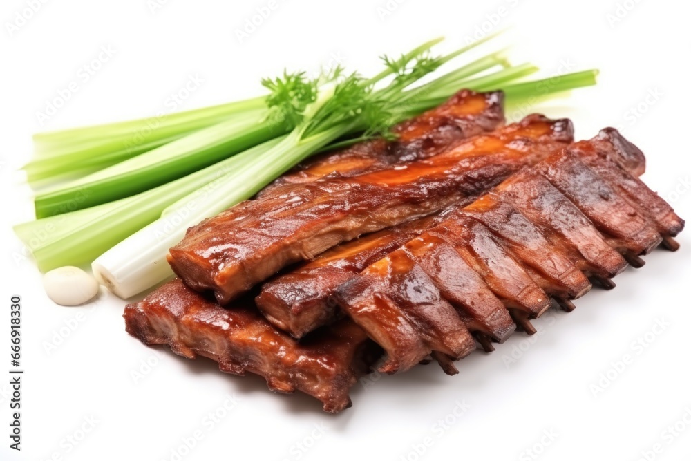 bbq tempeh ribs garnished with spring onions on plain white background bbq tempeh ribs garnished with spring onions on plain white background