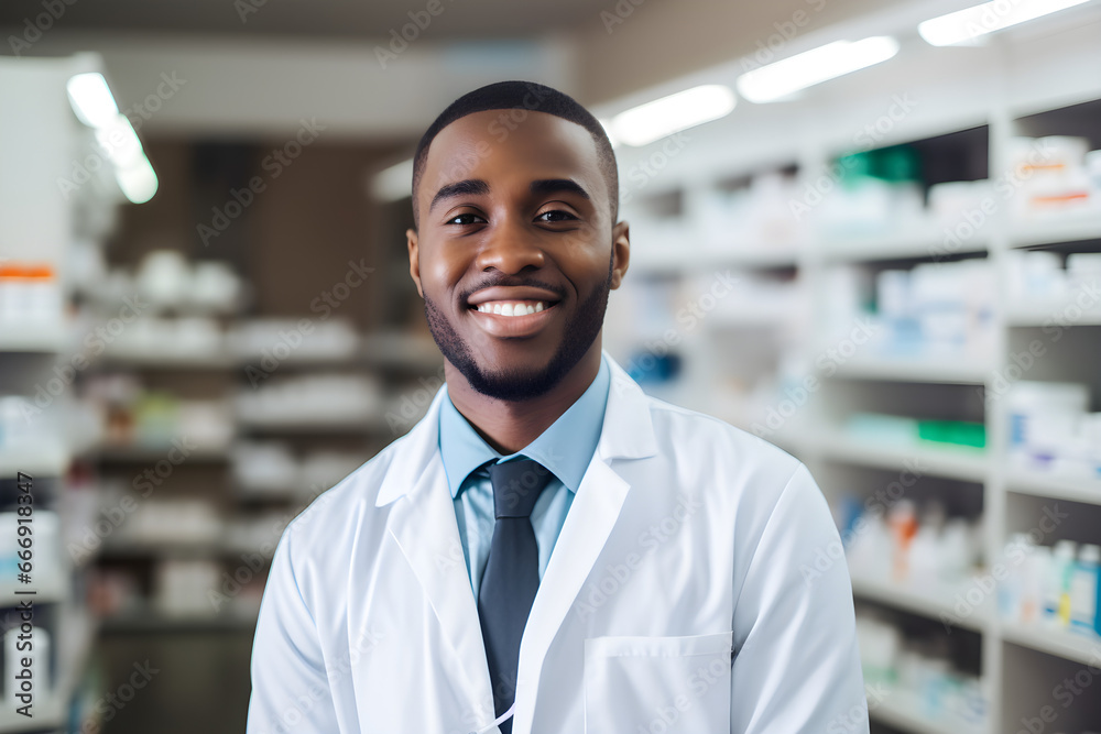 black pharmacist standing in pharmacy
