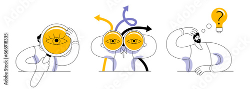 Character with magnifying glass, man with binoculars, man with a light bulb. Set of vector illustrations for mobile application. Linear modern style.