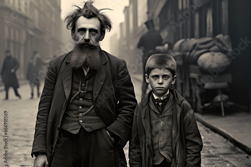 Old black and white street photograph from the Victorian era - portrait of man and young boy