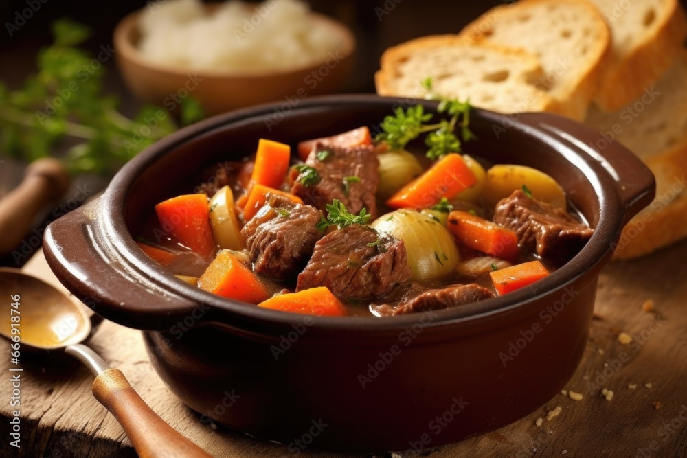 scooping beef stew with crusty bread scooping beef stew with crusty bread