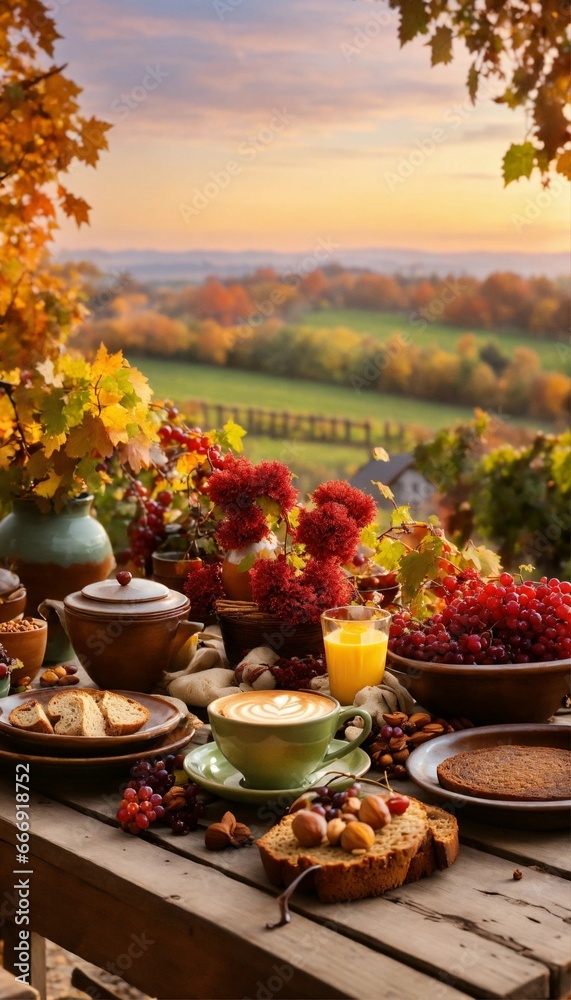 Fototapeta premium autumn still life with cup of coffee and leaves