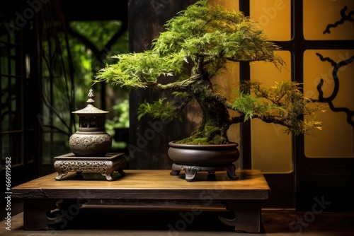 bonsai on pedestal under lantern light