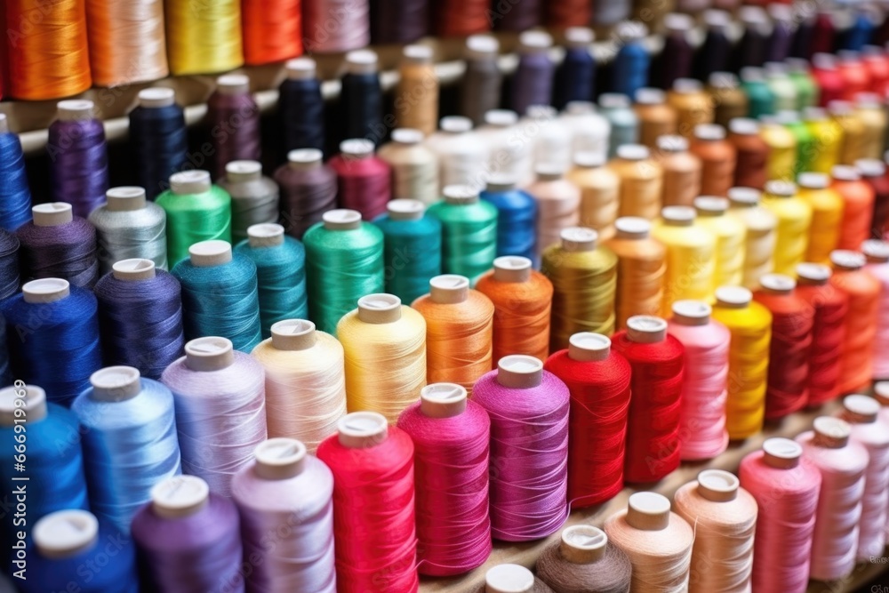 numerous spools of different colored thread on a rack numerous spools of different colored thread on a rack