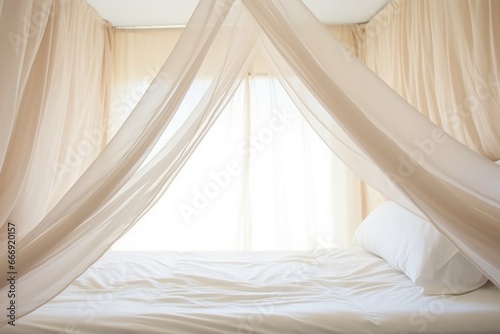 installed drapery on a canopy bed, focus on the drapery folds