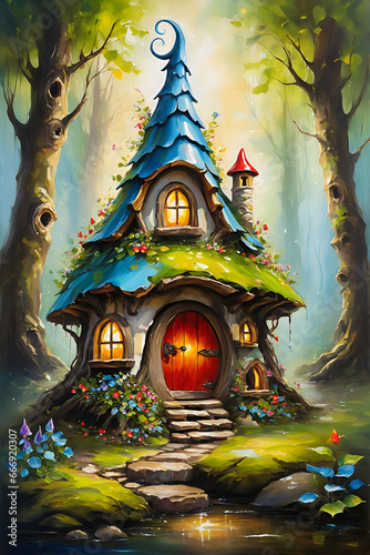 Fairy Tale Forest Gnome House Whimsical Artwork © MD NAZMUL