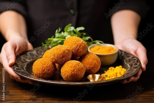 hand presenting a plate full of golden arancini balls