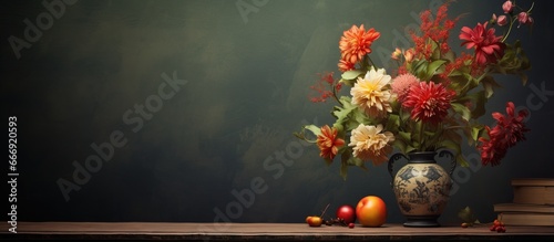 Tabletop with potted flower in still life