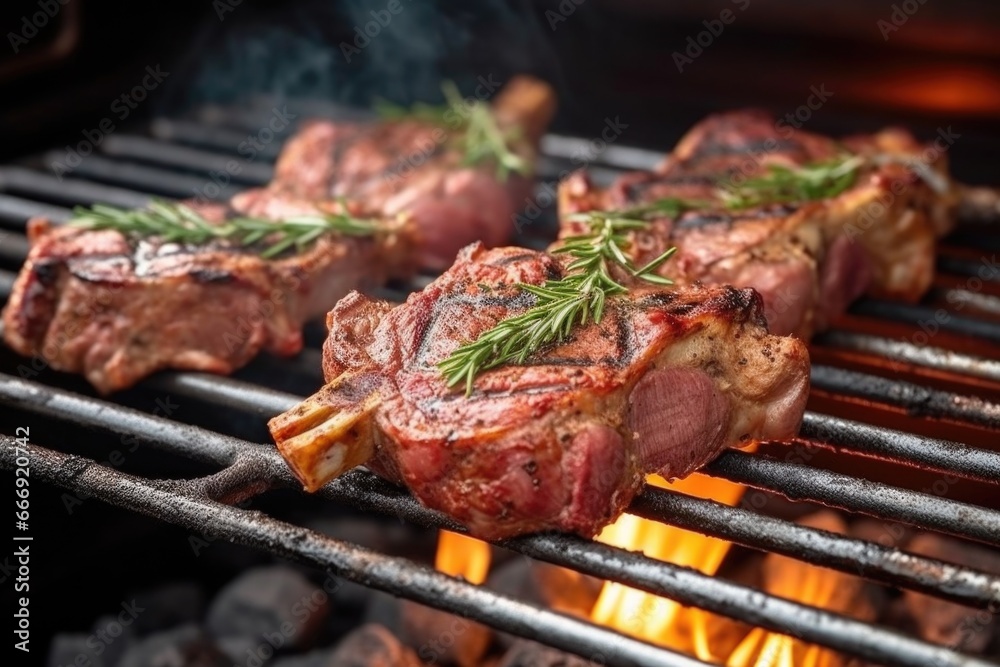side view of medium-rare lamb chops on a barbecue grill