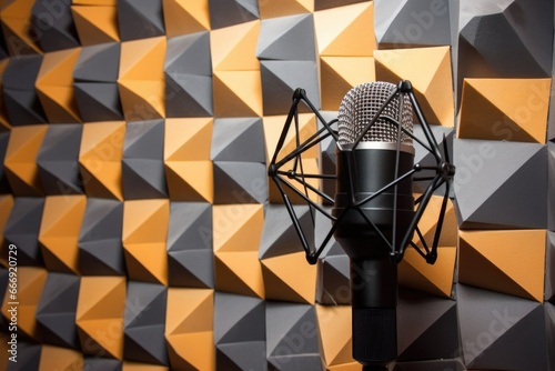 microphone with shock mount against a soundproof foam wall