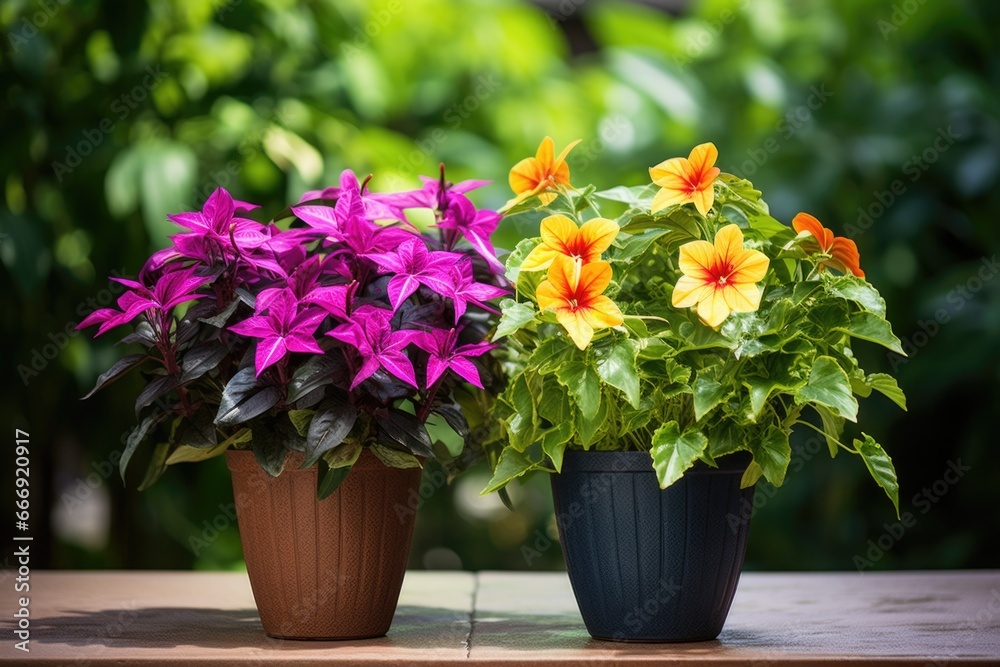 twin potted plants with varying floral colors