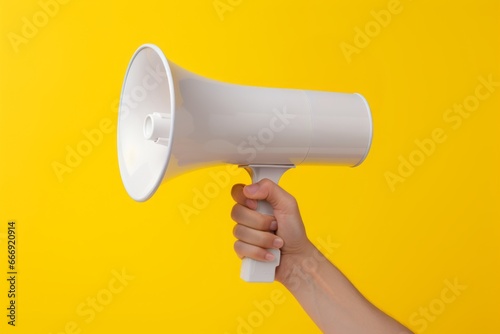 Hand holding megaphone on yellow background. Generative AI image