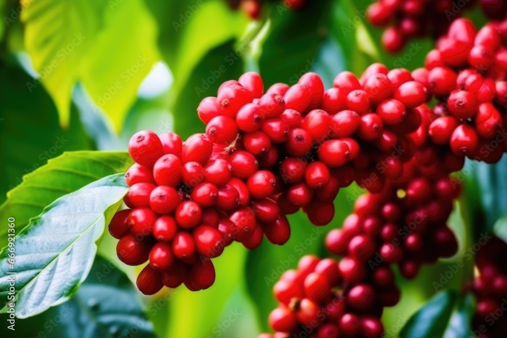close-up of coffee beans on branches close-up of coffee beans on branches