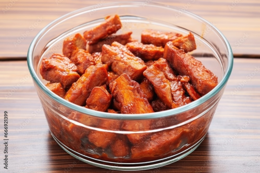 uncooked tempeh ribs marinated in bbq sauce in a clear bowl uncooked tempeh ribs marinated in bbq sauce in a clear bowl
