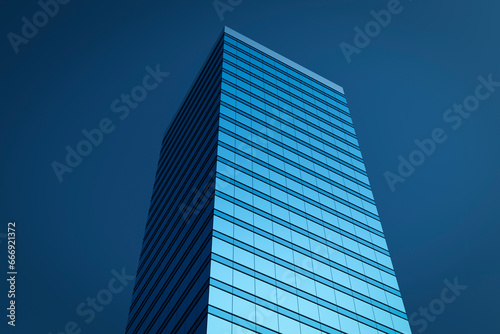 High-rise modern building made of blue glass against the sky.