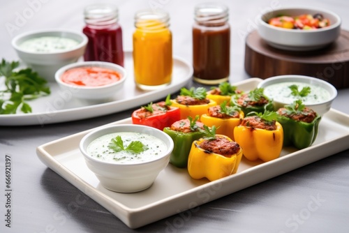 bbq stuffed bell peppers on white plates with dipping sauces