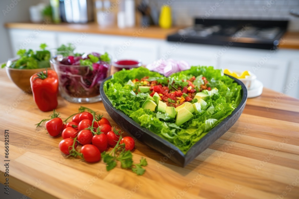 healthy heart-shaped salad on a vibrant kitchen counter healthy heart-shaped salad on a vibrant kitchen counter