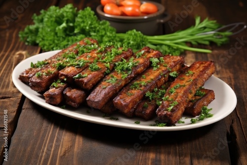 bbq tempeh ribs garnished with parsley on a rustic table