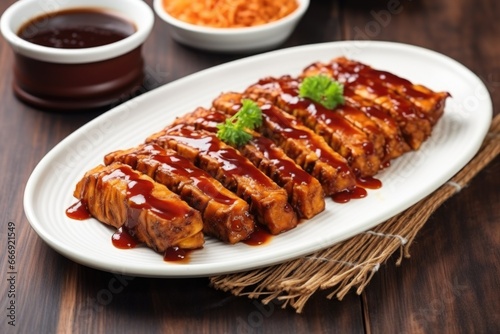 tempeh ribs topped with bbq sauce on a ceramic plate