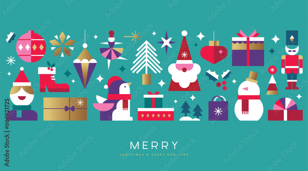 Merry Christmas and Happy New Year 2024 vector illustration for greeting cards, posters, holiday covers in modern minimalist geometric style.