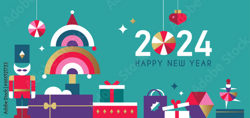 Merry Christmas and Happy New Year 2024 vector illustration for greeting cards  posters  holiday covers in modern minimalist geometric style.