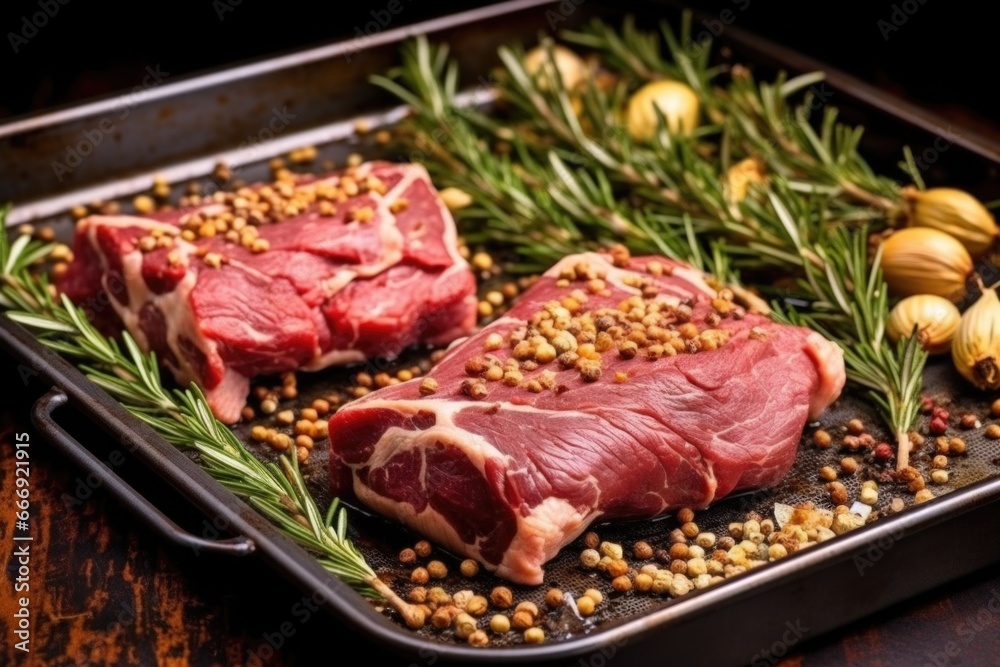 oven-fresh beef roast with garlic bits and whole rosemary branches on a baking tray