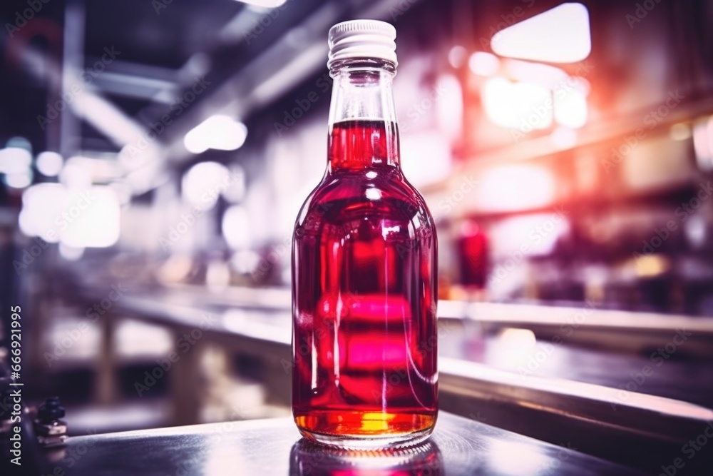 a freshly bottled and sealed cough syrup under the factory spotlight