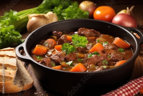 scooping beef stew with crusty bread