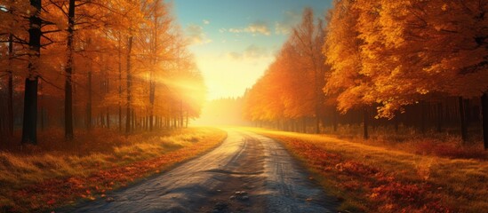 Keuken achterwand Bruin Stunning fall landscape road through dense forest with vibrant sunlight orange and teal hues Digital Artificial Intelligence art  © AkuAku