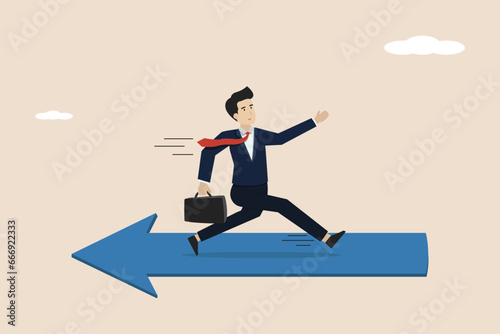 Confused businessman running in opposite direction to trend arrow. In the wrong direction, the leadership's decisions become different or contradictory.