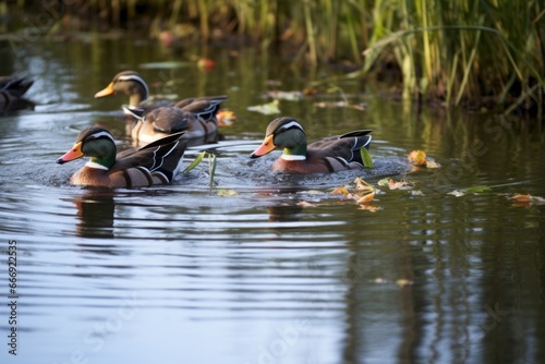 ducks feeding from a pond surface