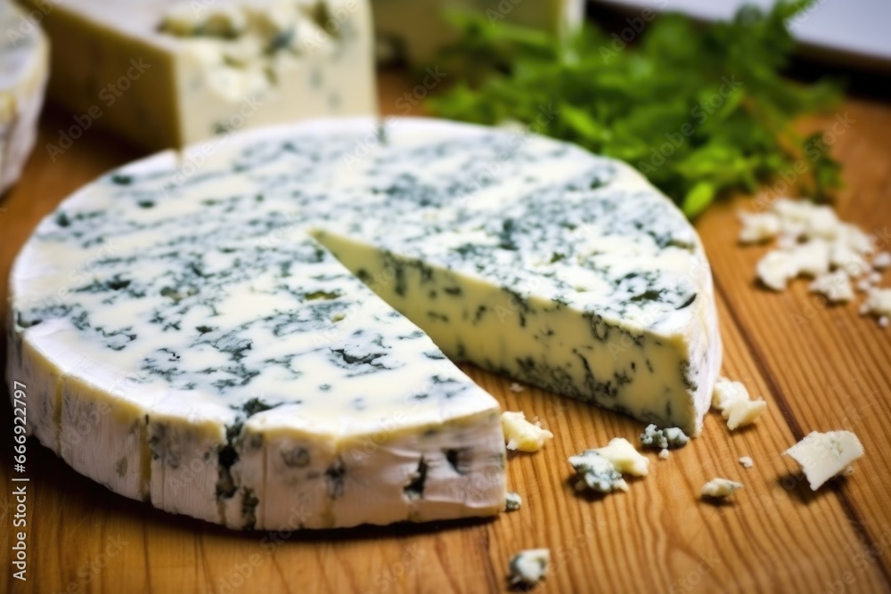 focus on moldy spots of a blue cheese wheel
