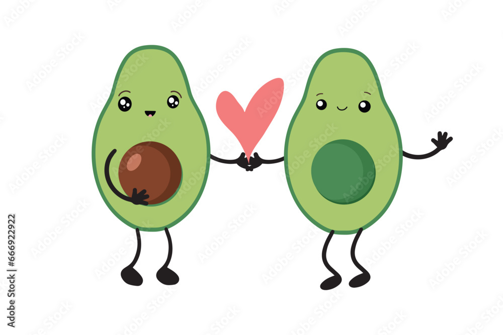 Obraz premium Cute avocado lovers in kawaii style. Avocado fruit in flat design. Vector