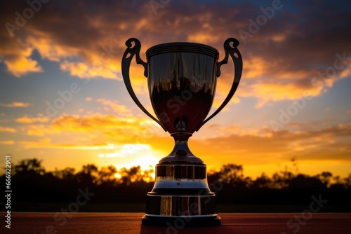 trophy cup silhouette against a sunset background