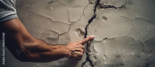 A man indicating a damaged wall indicating a problem with the building s structure