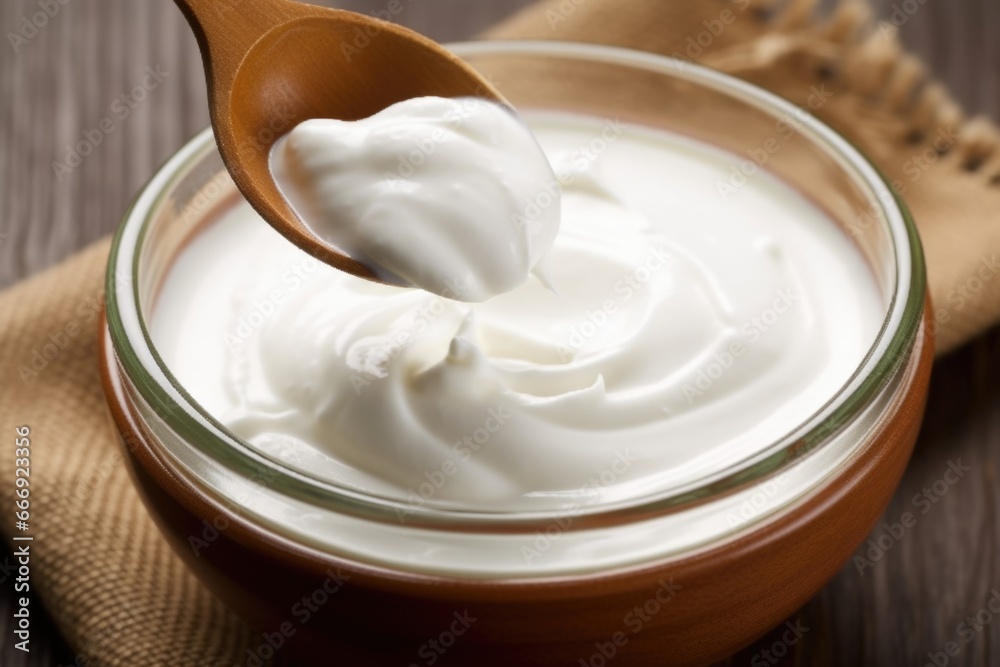 stirring greek yogurt in a bowl with a spoon stirring greek yogurt in a bowl with a spoon