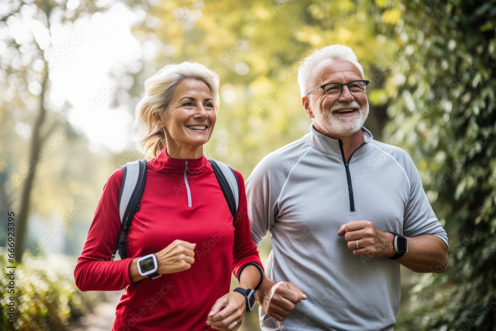 Older adults comparing steps on fitness trackers during a morning walk Older adults comparing steps on fitness trackers during a morning walk