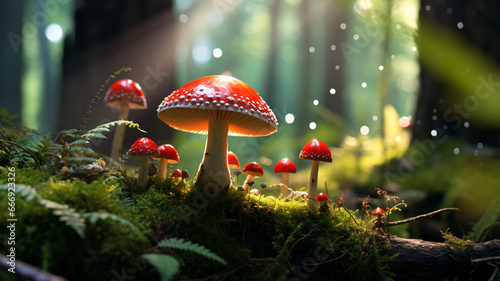 illustration of a fly agaric mushroom in autumn forest. Created with Generative AI