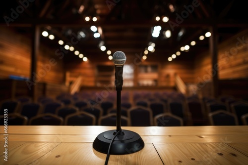 microphone on dark wooden lectern against out of focus audience photo