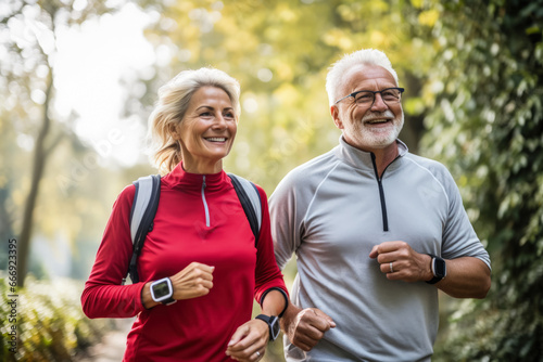 Older adults comparing steps on fitness trackers during a morning walk 