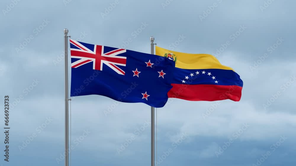 Venezuela and New Zealand flag waving together on cloudy sky, endless seamless loop