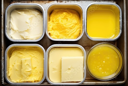 overhead shot of freshly churned butter in containers