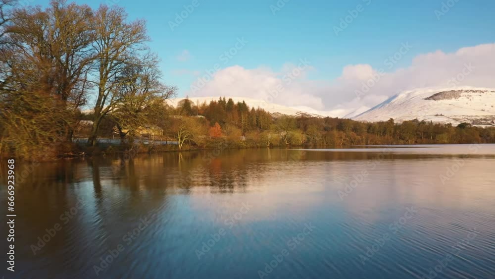 Amazing Low Aerial Shot Of Reflection On The Water Of Loch Lomond, Scotland. Snowy Mountains Behind. 4K