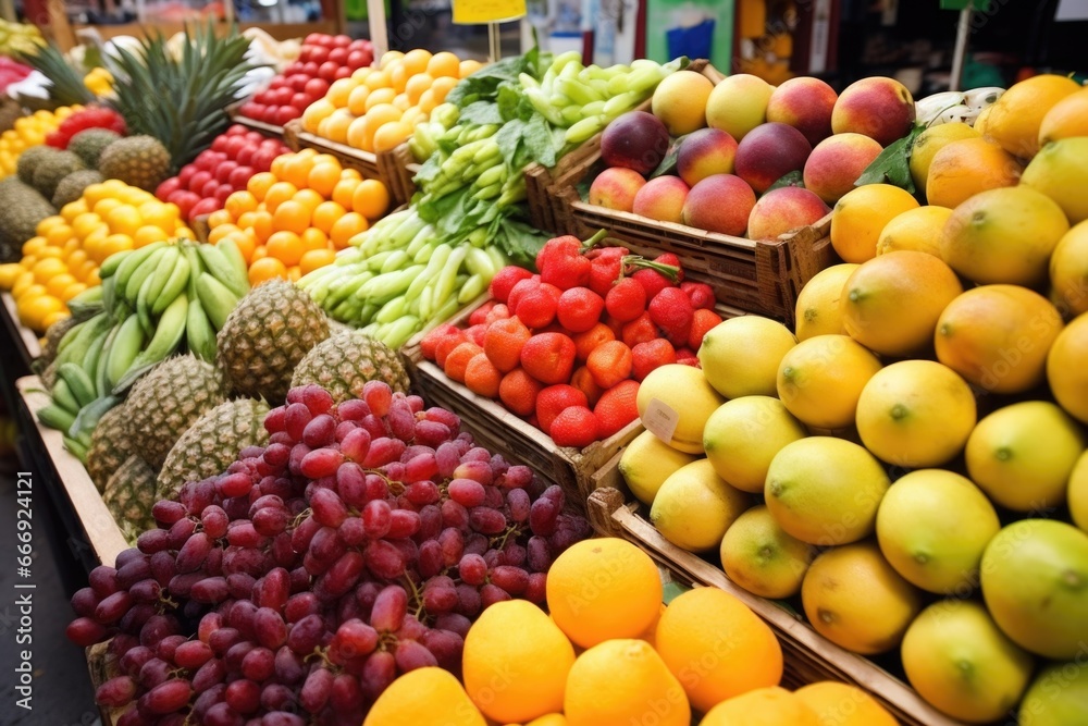 various kinds of fruits on a market stand